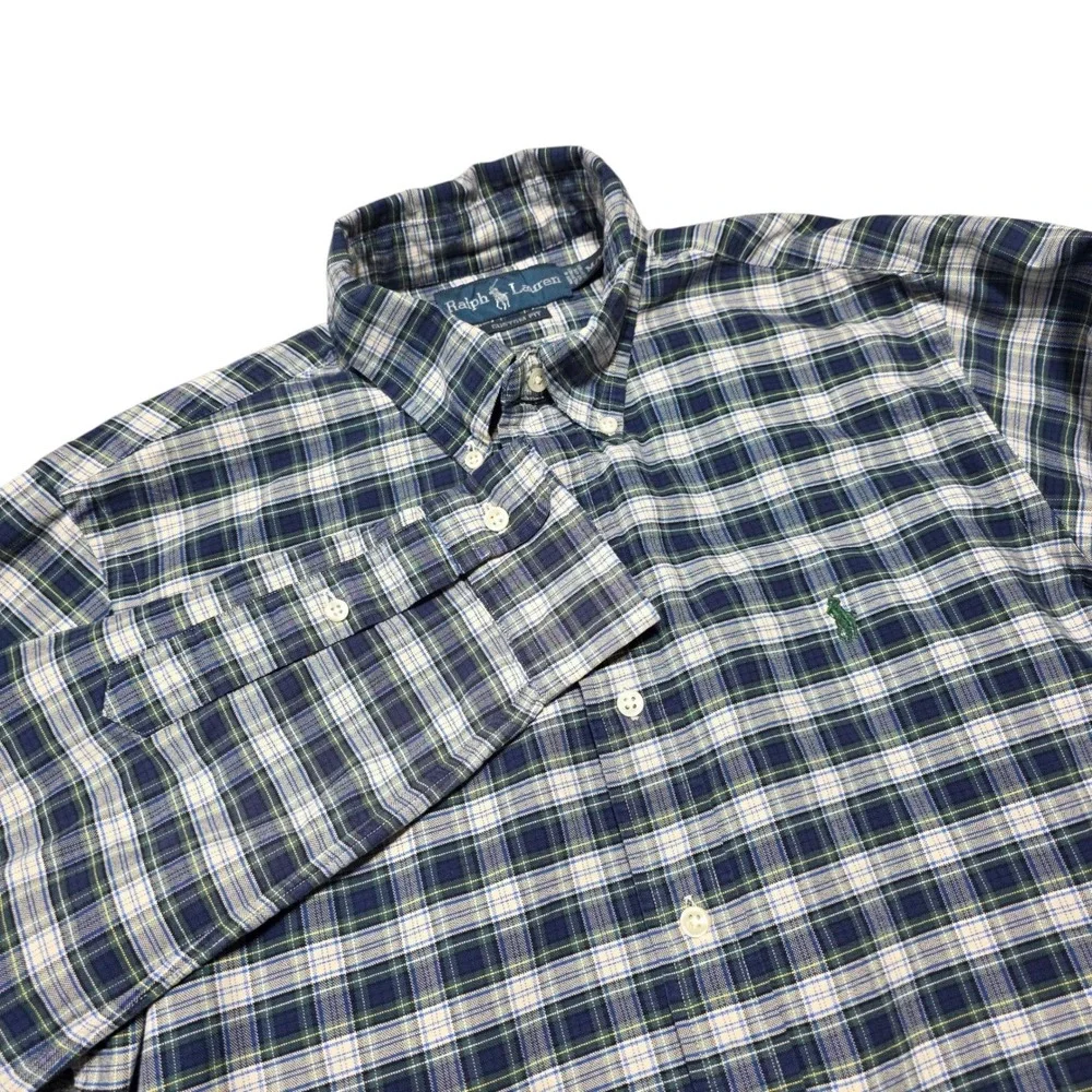 Ralph Lauren Button Down Shirt Mens Medium Blue Plaid Custom‎ Fit Long Sleeve